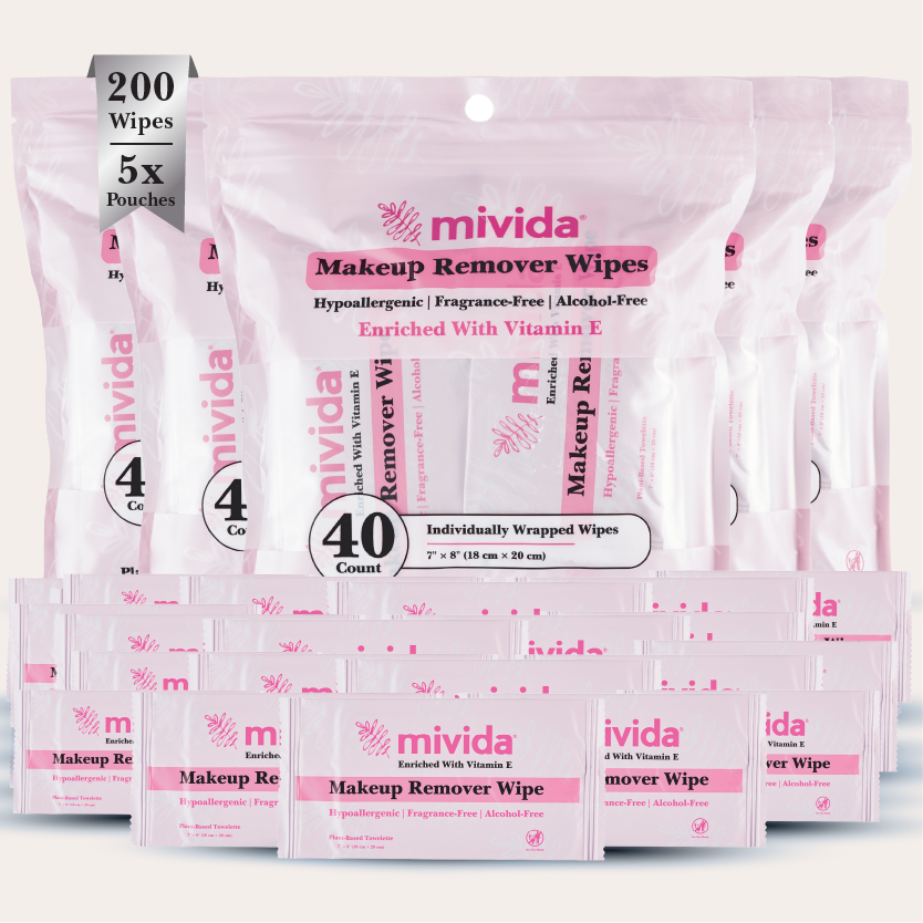 mivida Hypoallergenic Makeup Remover Wipes with Vitamin E, Individually Wrapped (40 x 5, 200 Count)